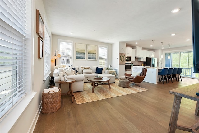 living room featuring dark hardwood / wood-style floors, sink, and a healthy amount of sunlight