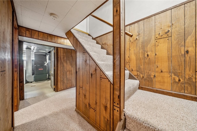 staircase with wooden walls and carpet