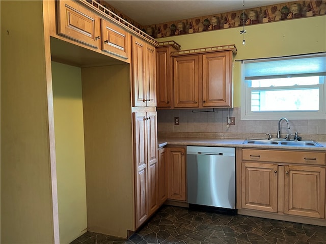 kitchen featuring stainless steel dishwasher, sink, and decorative backsplash