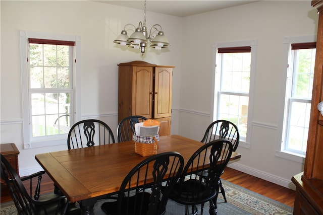 dining room featuring a notable chandelier, hardwood / wood-style floors, and a wealth of natural light