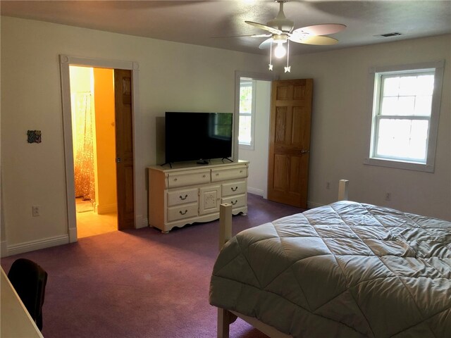 carpeted bedroom featuring multiple windows, ceiling fan, and ensuite bathroom