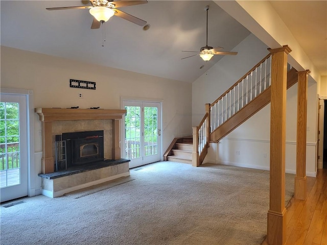 629 Euclid Ave, Grove City Boro, PA 16127 - unfurnished living room featuring a ceiling fan, stairway, high vaulted ceiling, and carpet floors