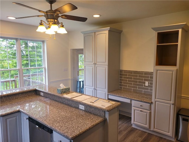 629 Euclid Ave, Grove City Boro, PA 16127 - kitchen with ceiling fan, dark wood-type flooring, decorative backsplash, dishwasher, and recessed lighting
