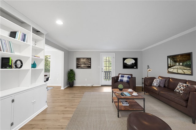 living room featuring crown molding and light hardwood / wood-style floors