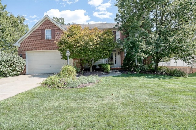 obstructed view of property featuring a front yard and a garage