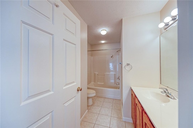 full bathroom with tile patterned flooring, tub / shower combination, a textured ceiling, toilet, and vanity