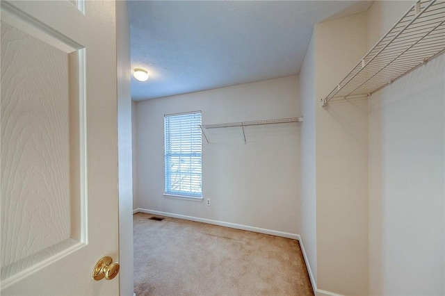 walk in closet featuring light colored carpet