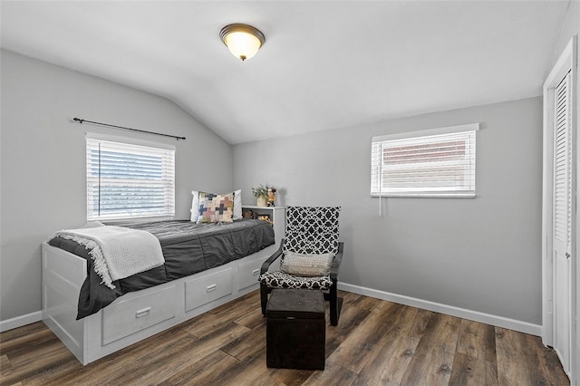 bedroom with a closet, dark hardwood / wood-style floors, and vaulted ceiling