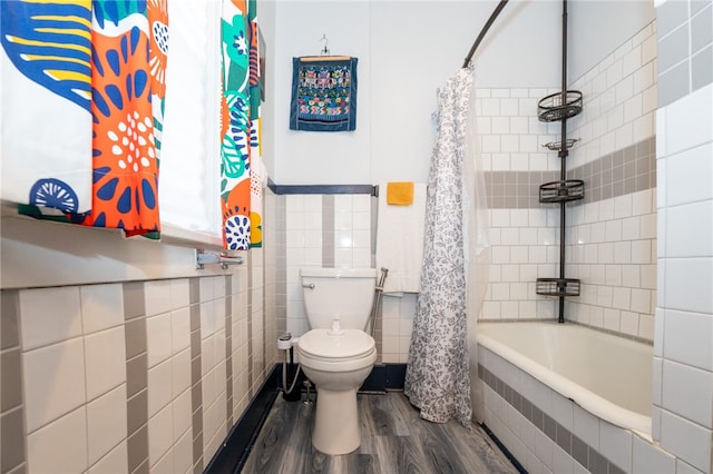 bathroom with wood-type flooring, toilet, and shower / bathtub combination with curtain