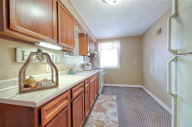 kitchen with exhaust hood, white appliances, and sink