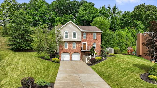 view of front facade featuring a storage shed, a front yard, a playground, and a garage