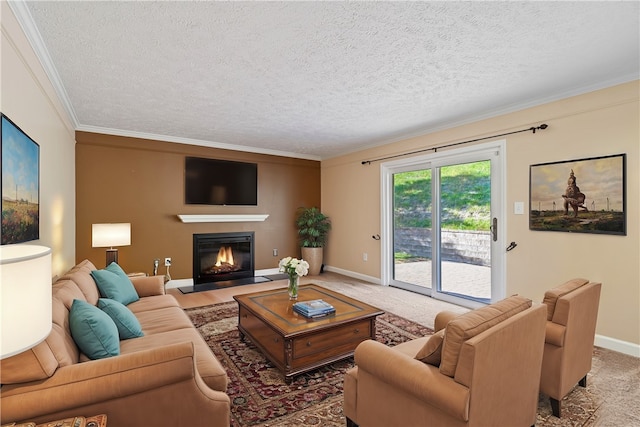 carpeted living room with crown molding and a textured ceiling