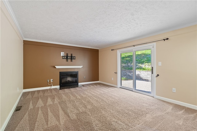 unfurnished living room with crown molding, carpet flooring, and a textured ceiling