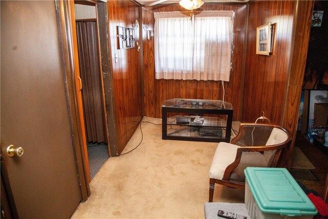 hall with wood walls and carpet floors