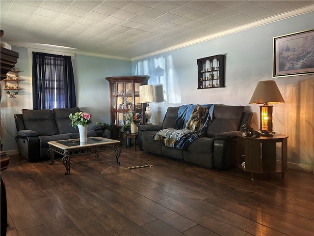 living room with dark hardwood / wood-style flooring and crown molding