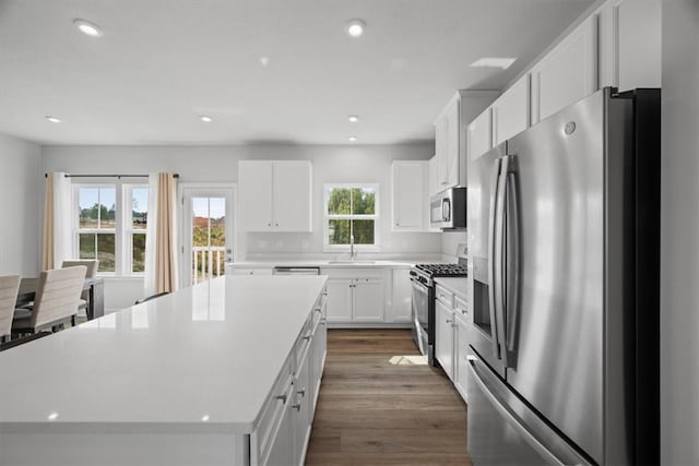 kitchen with white cabinetry, plenty of natural light, a kitchen island, and stainless steel appliances