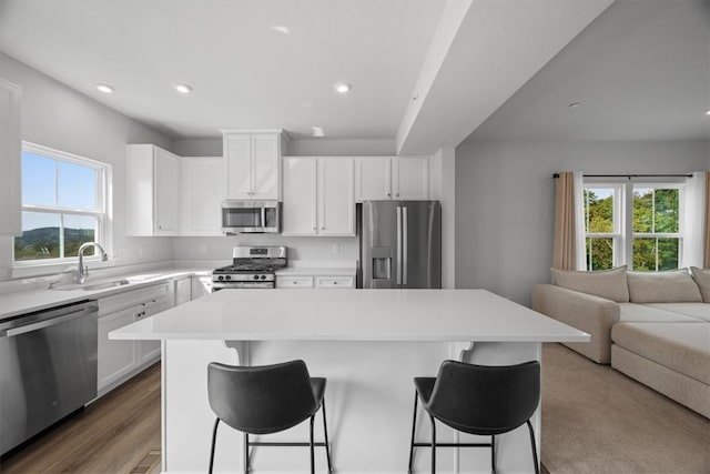 kitchen featuring appliances with stainless steel finishes, a healthy amount of sunlight, a kitchen island, and sink