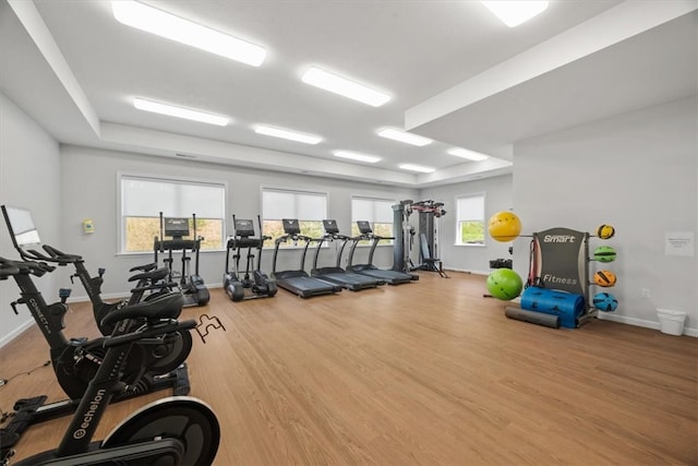 exercise room with hardwood / wood-style floors