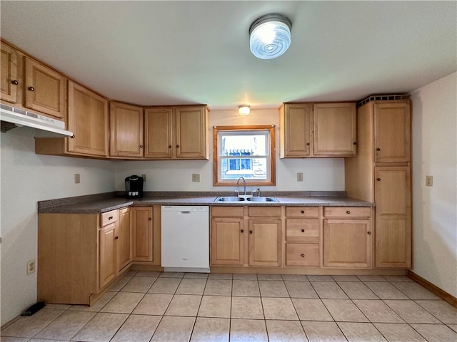 kitchen with range hood, light tile patterned flooring, white dishwasher, sink, and light brown cabinets