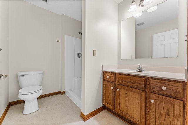 bathroom with a shower, toilet, and vanity