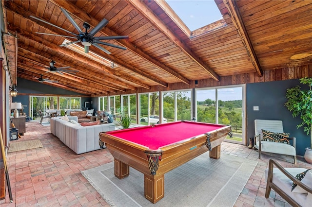 playroom with pool table, ceiling fan, lofted ceiling with skylight, and wooden ceiling