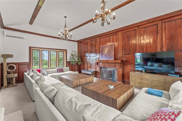 carpeted living room featuring a fireplace, high vaulted ceiling, a wall mounted air conditioner, a chandelier, and beam ceiling