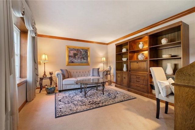 living room with crown molding and carpet flooring