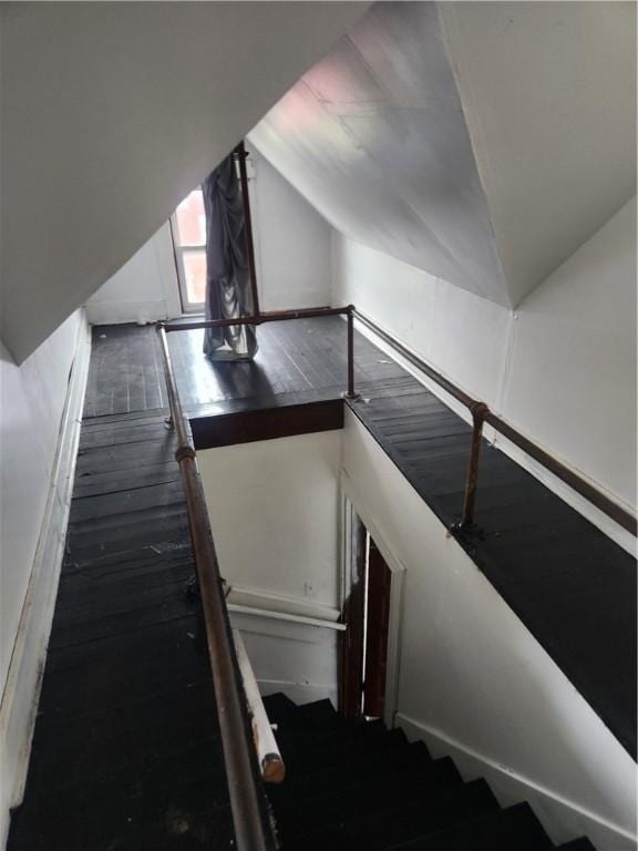 2622 Milburn St, Mckeesport, PA 15132 - stairs with hardwood / wood-style flooring and vaulted ceiling