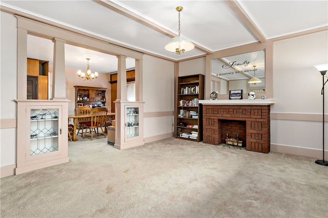 carpeted dining area featuring a fireplace and a chandelier