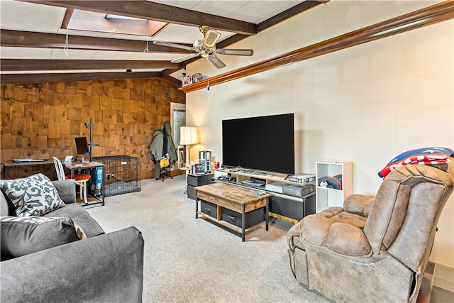 living room featuring light carpet, ceiling fan, and lofted ceiling with beams