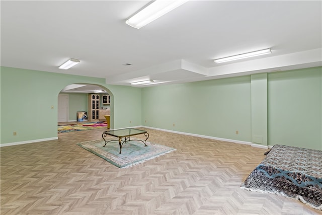 rec room featuring light parquet floors