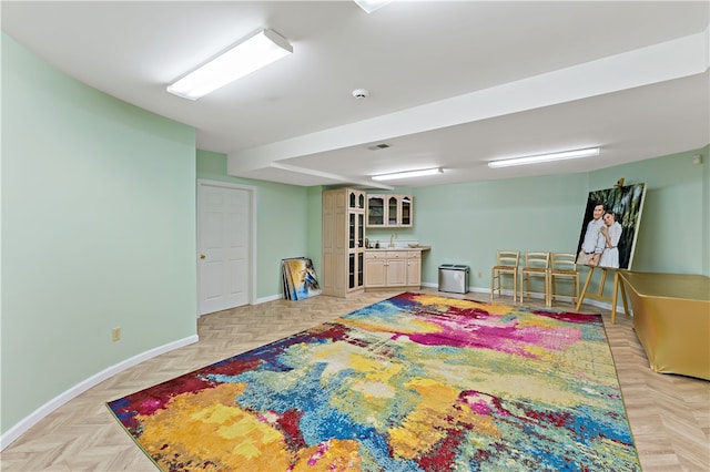 recreation room featuring light parquet floors