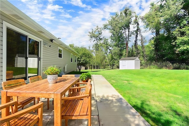 view of patio with a shed