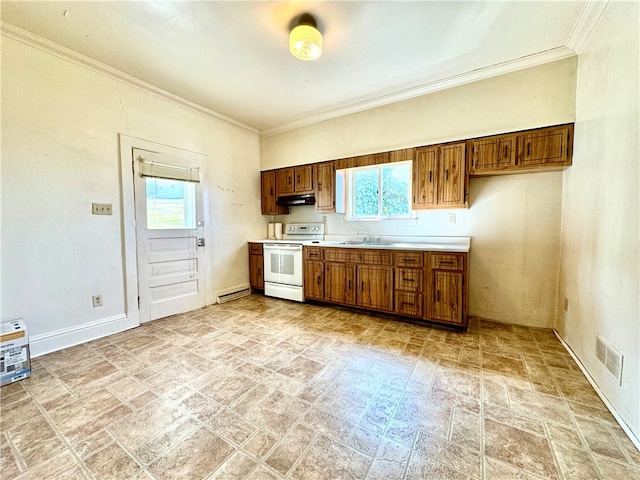 kitchen with crown molding, baseboard heating, white range with electric stovetop, and sink