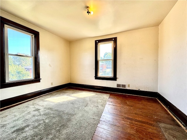 spare room featuring a wealth of natural light and dark hardwood / wood-style floors