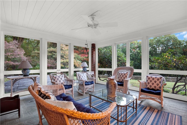 sunroom with wood ceiling, a healthy amount of sunlight, and ceiling fan