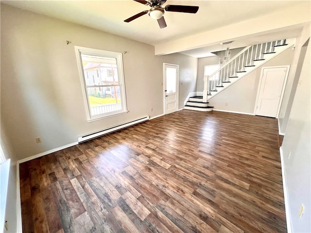 interior space featuring a baseboard radiator, dark hardwood / wood-style floors, beam ceiling, and ceiling fan