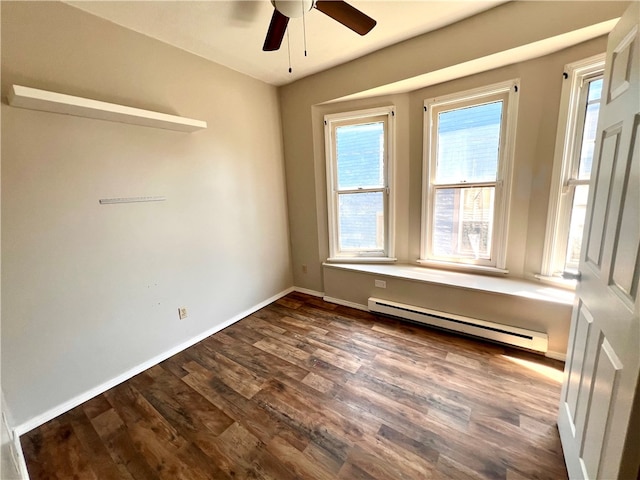 unfurnished room with a baseboard radiator, dark hardwood / wood-style flooring, and ceiling fan