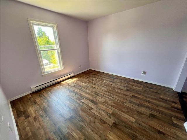 unfurnished room featuring dark wood-type flooring and a baseboard radiator