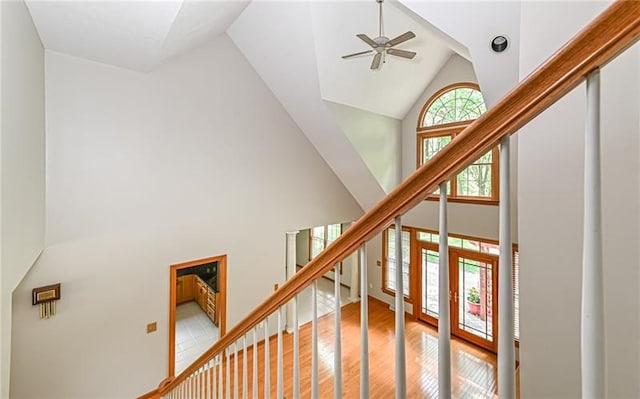 staircase with hardwood / wood-style floors, ceiling fan, and high vaulted ceiling