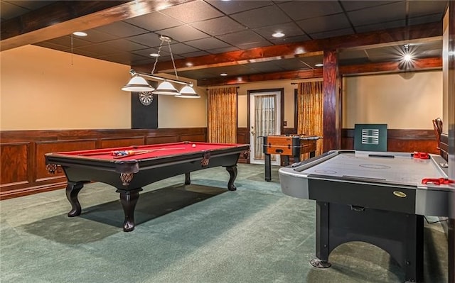 game room with carpet, pool table, and a drop ceiling