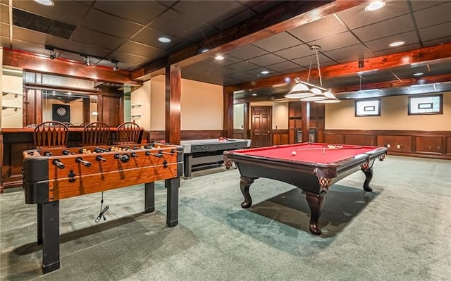 game room featuring pool table, carpet flooring, and a paneled ceiling