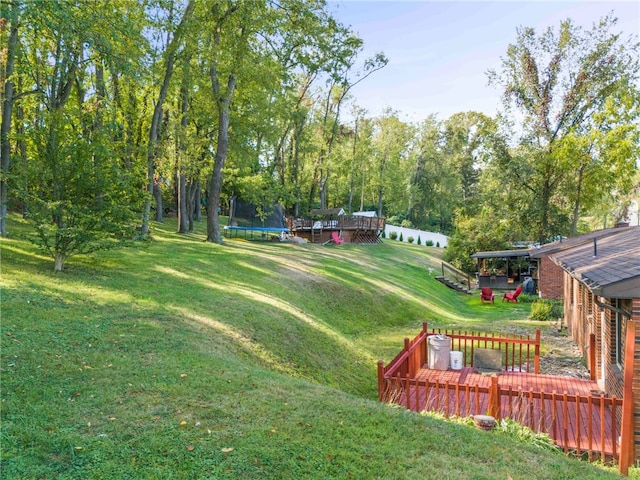 view of yard with a trampoline and a deck