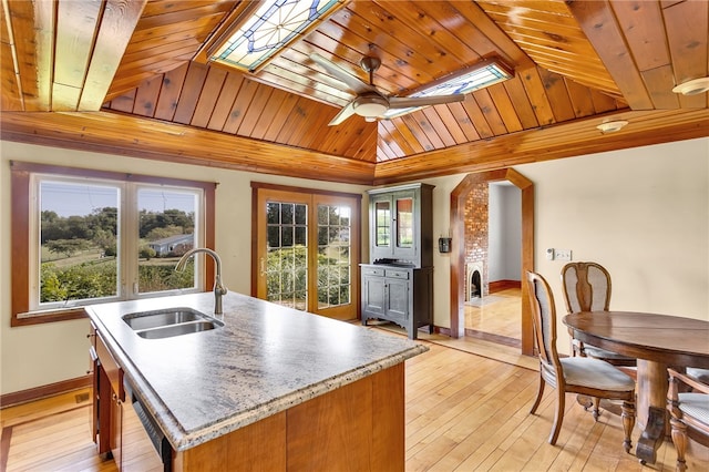 kitchen featuring ceiling fan, wooden ceiling, and sink