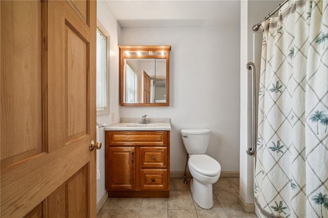 bathroom with curtained shower, tile patterned flooring, toilet, and vanity