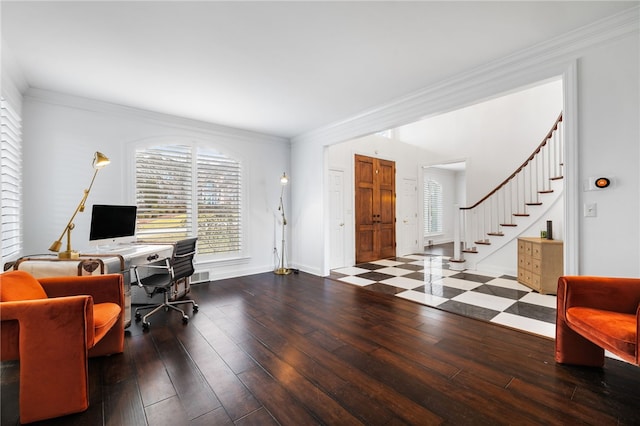 office featuring crown molding and dark hardwood / wood-style floors