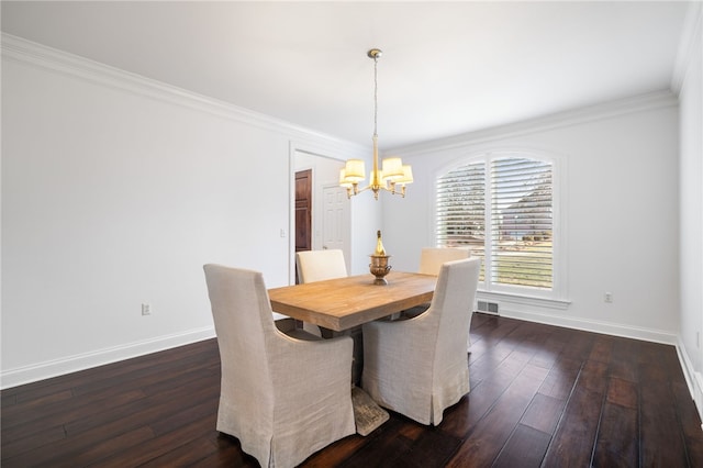 dining space with a chandelier, dark hardwood / wood-style flooring, and ornamental molding