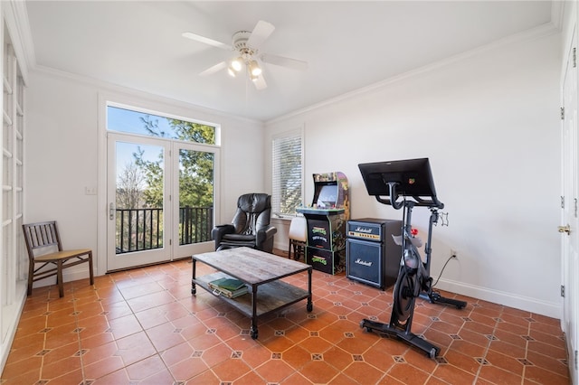 living area featuring crown molding, ceiling fan, and tile patterned floors