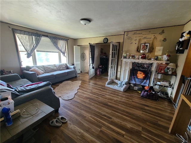 living room featuring dark wood-type flooring