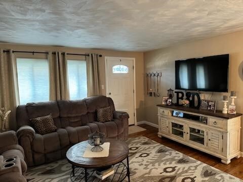 living room with plenty of natural light, dark hardwood / wood-style floors, and a textured ceiling